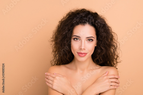 Close up photo beautiful she her lady hands arms palms hold herself shoulder skin healthy soft silky shiny ideal condition banner breast cancer protection wear no clothes isolated beige background