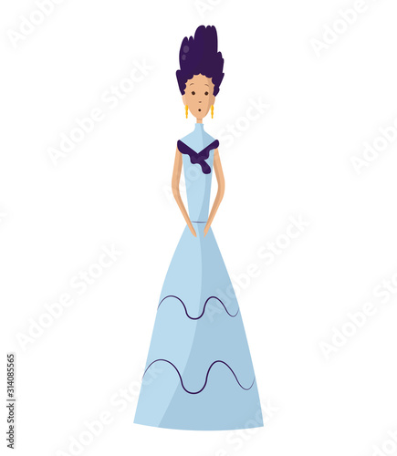 Renaissance clothing vector woman character in medieval fashion vintage dress. Historical royal clothes illustration. Baroque people in artistic costume cloth isolated on white background