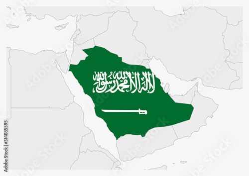 Saudi Arabia map highlighted in Saudi Arabia flag colors