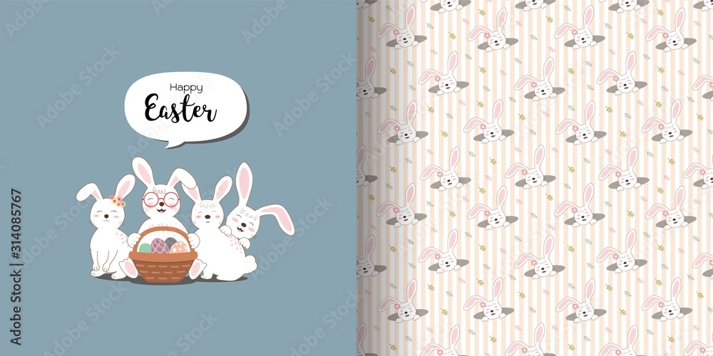 Obraz premium Cute rabbits greeting card and print seamless pattern for decorative,apparel,fabric,textile or kids product