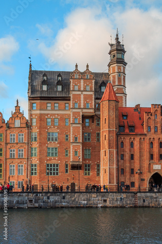 Gdansk city promenade in poland with beautiful old buildings and ships in winter