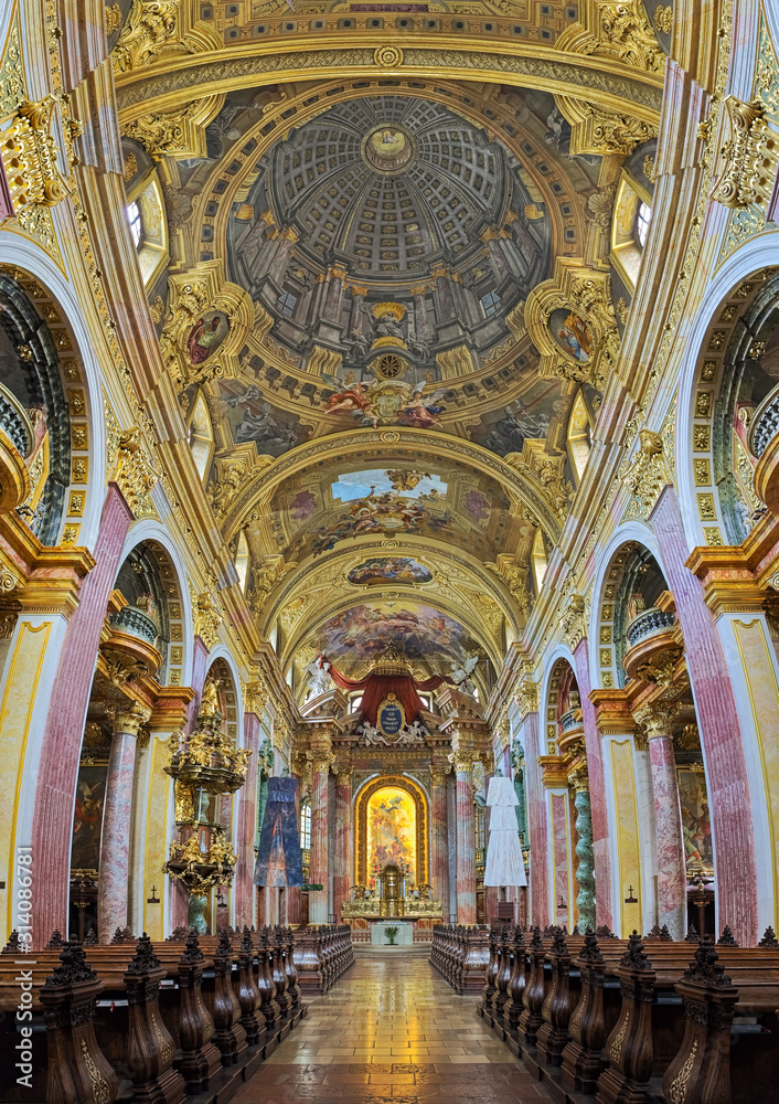 Vertical panorama of interior of Jesuit Church in Vienna, Austria. Also known as the University Church, it was built in 1623-1627 and was remodeled by Andrea Pozzo in 1703-1705.