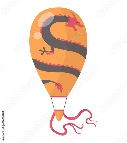 Flat illustration of hot air-balloon. Cartoon dragon colorful flying entertainment festival balloon outdoor. Travel, sky transport illustration.