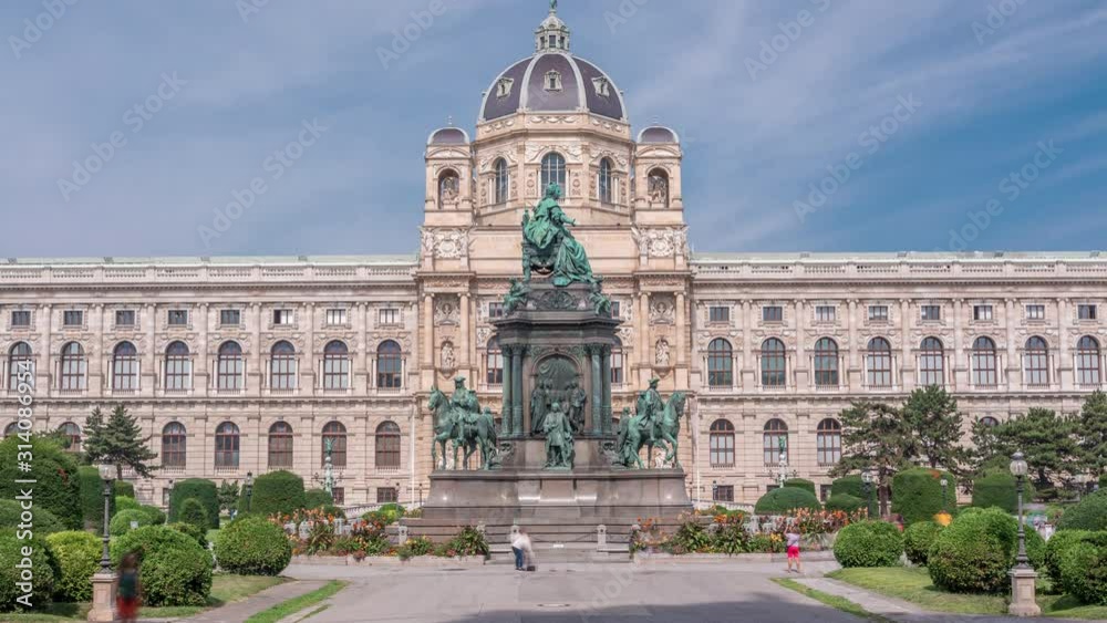 Empress Maria Theresia Monument timelapse and Art History Museum in Vienna, Austria. Beautiful view of famous Naturhistorisches Museum (Natural History Museum) with park and sculpture in Vienna Empress Maria Theresia Monument timelapse and Art History Museum in Vienna, Austria. Beautiful view of famous Naturhistorisches Museum (Natural History Museum) with park and sculpture in Vienna