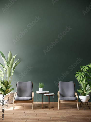 Couple armchair in living room & green wall,decorate with plant. 3D illustrator 