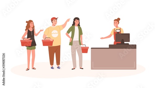 Angry people at checkout flat vector illustration. Indignant customers standing in queue cartoon characters. Nervous buyers with shopping baskets shouting at cashier. Irritated shoppers wait in line.