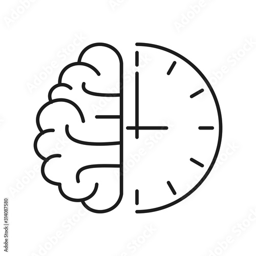Human brain and clock icon. Outline thin line flat illustration. Isolated on white background. 