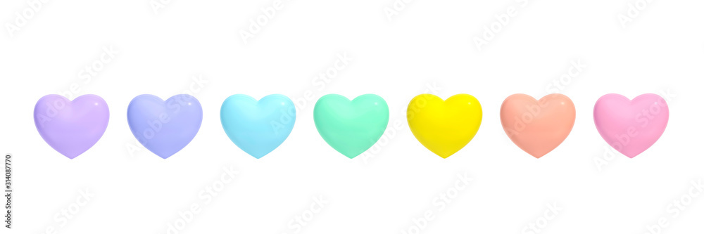 Pastel rainbow Color (violet, indigo, blue, green, yellow, orange and red) of sweet heart on white background 3d rendering. 3d illustration colorful of love and Valentines Day greeting card minimal.