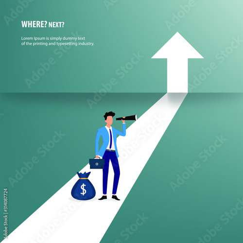 Business concept of searching for an opportunities, businessman standing with money bag and hold a binoculars in a background of white arrow.