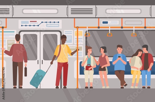 Metro, subway train, public transport flat vector illustration. Underground railway carriage interior, people in suburban electric train. Male and female passengers, commuters cartoon characters.