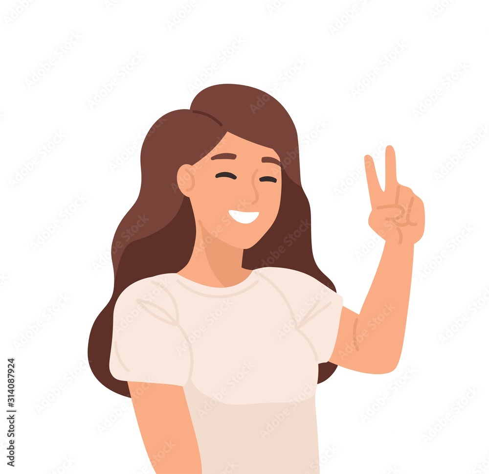Smiling young girl flat vector illustration. Sign language, gesticulation, peace gesture. Good mood, gladness, joyfulness, positive emotion concept. Blinking woman showing ok gesture cartoon character Smiling young girl flat vector illustration. Sign language, gesticulation, peace gesture. Good mood, gladness, joyfulness, positive emotion concept. Blinking woman showing ok gesture cartoon character