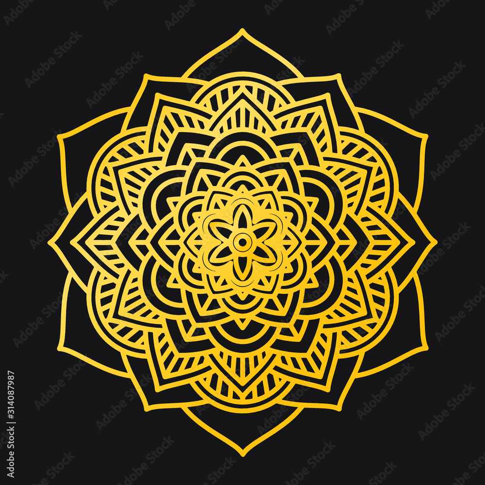Abstract Petals Leaf Mandala Gold Line On Black Background. Vector Illustration Abstract Petals Leaf Mandala Gold Line On Black Background. Vector Illustration