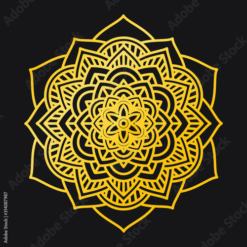 Abstract Petals Leaf Mandala Gold Line On Black Background. Vector Illustration