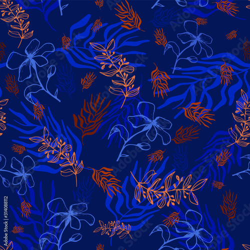 Trendy foliage Dark blue tropical night Seamless pattern in the forest.