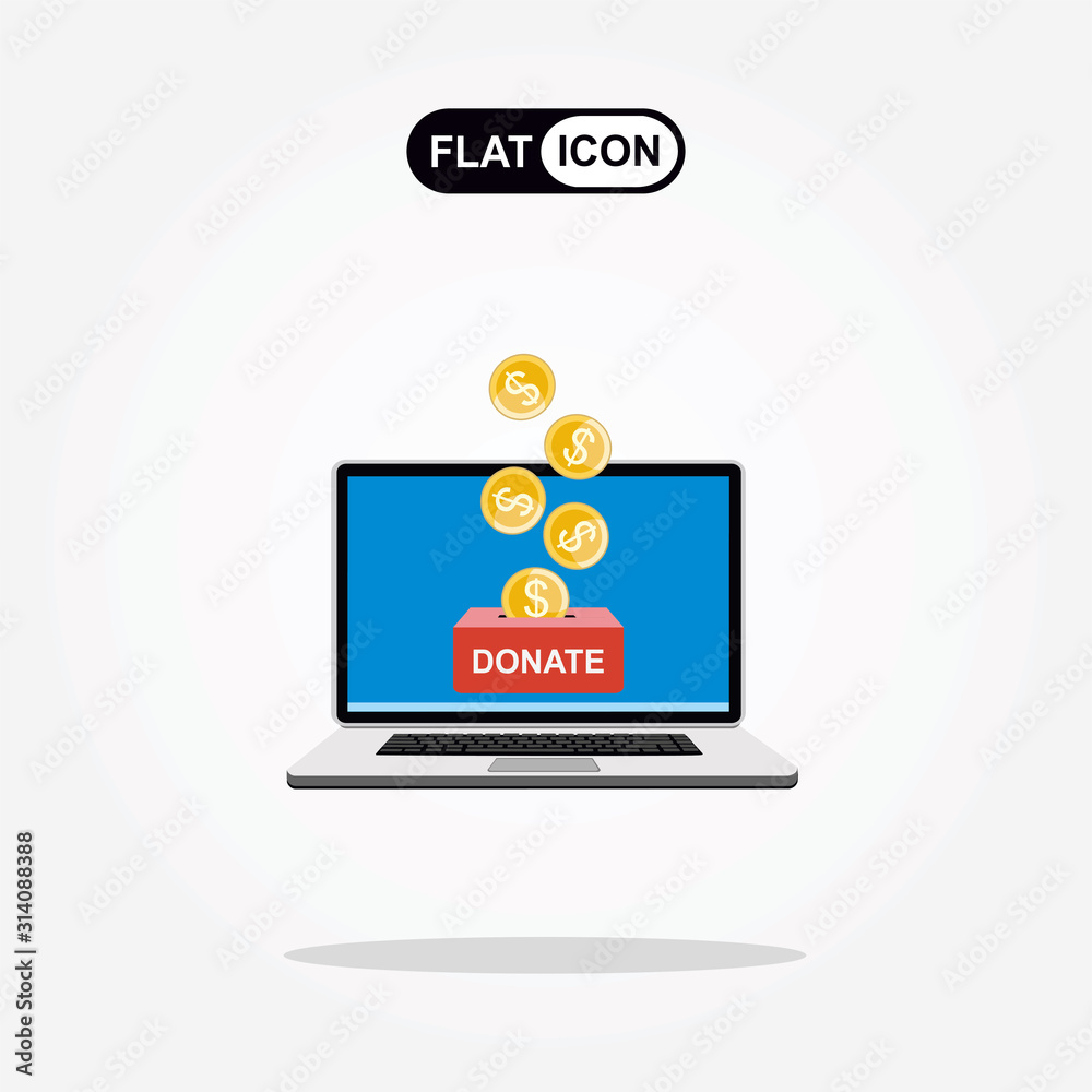 Donate online concept. Laptop with gold coins and donate box on screen. Flat vector illustration. Donate online concept. Laptop with gold coins and donate box on screen. Flat vector illustration.