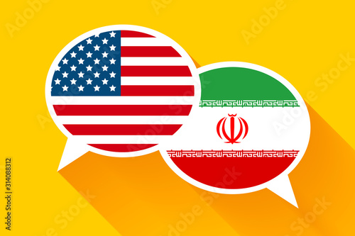 Two speech bubbles with USA and IRAN flags