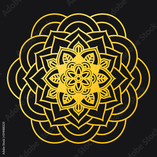 Abstract Petals Leaf Mandala Gold Line On Black Background. Vector Illustration