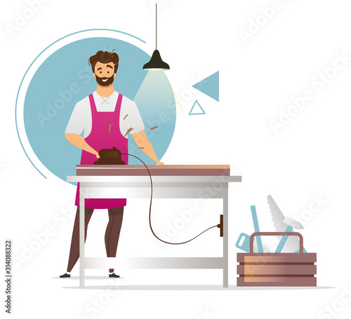 Woodworker flat color vector illustration. Joinery. Carpentry workshop. Furniture manufacturing. Carpenter working with wood planer. Craftsman. Isolated cartoon character on white background
