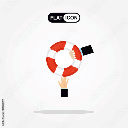 Helping Business to survive. Drowning businessman getting lifebuoy from another businessman. Business help, support, survival, investment concept. Vector colorful illustration in flat style