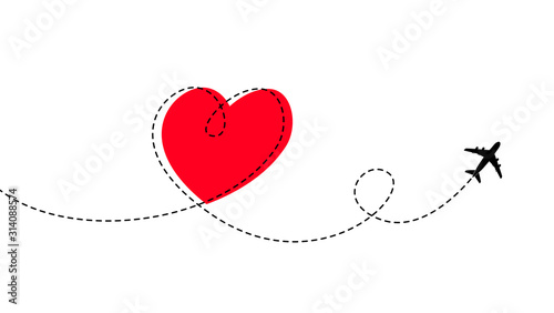 Airplane way line with red heart. Love travelling sign. Valentine trip template. Dotted route with jet plane and adore sign. Vector illustration.