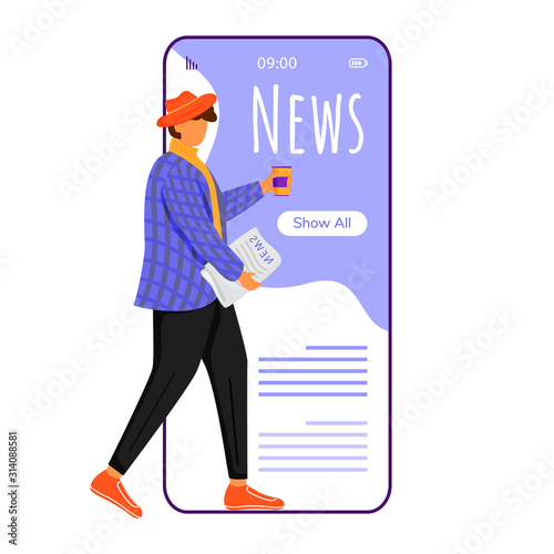 News cartoon smartphone vector app screen. Reading newspapers online. Receiving notifications. Mobile phone displays with flat character design mockup. Application telephone cute interface