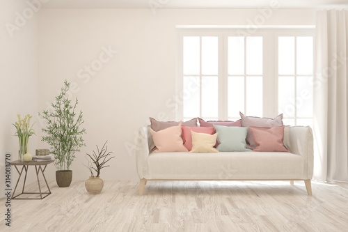 Stylish room in white color with sofa. Scandinavian interior design. 3D illustration