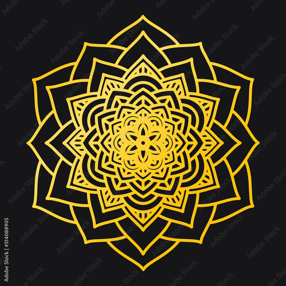 Abstract Petals Leaf Mandala Gold Line On Black Background. Vector Illustration