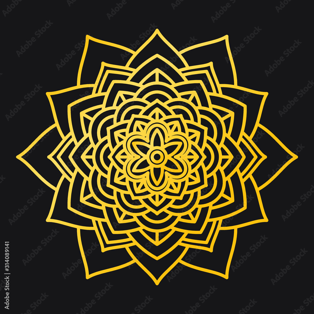 Abstract Petals Leaf Mandala Gold Line On Black Background. Vector Illustration Abstract Petals Leaf Mandala Gold Line On Black Background. Vector Illustration
