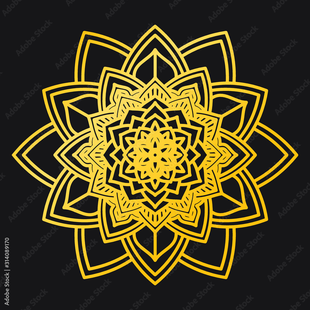 Abstract Petals Leaf Mandala Gold Line On Black Background. Vector Illustration Abstract Petals Leaf Mandala Gold Line On Black Background. Vector Illustration