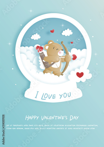 Valentines card with cute teddy bear in paper cut style vector illustration.