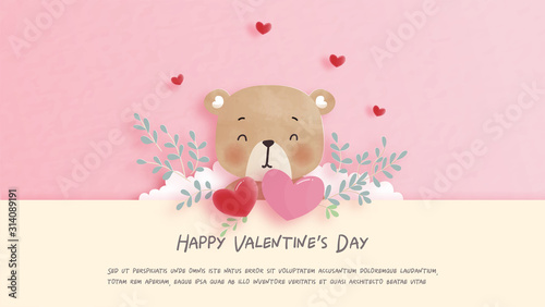 Valentines card with cute teddy bear in paper cut style vector illustration.