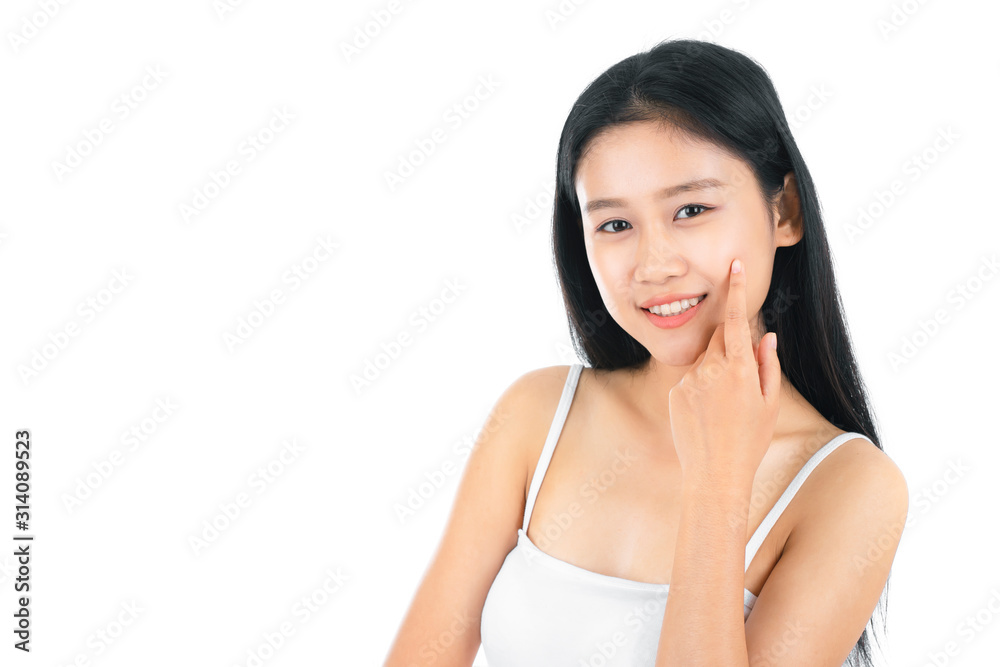Portrait of attractive asian young woman with beauty skin and face isolated on white background. Healthy skin and face care concept. Portrait of attractive asian young woman with beauty skin and face isolated on white background. Healthy skin and face care concept.