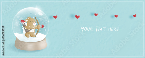 Valentines card with cute teddy bear in paper cut style vector illustration.