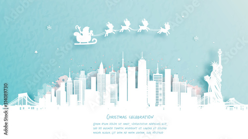 Christmas card with New York City, America famous landmark and Santa and reindeer. Christmas celebrations in paper cut style. Vector illustration. Vector illustration.