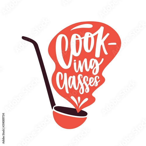 Cooking classes flat vector logotype. Food preparation, culinary courses logo isolated on white background. Cartoon dipper with handwritten lettering sticker. Nutrition school promo label.