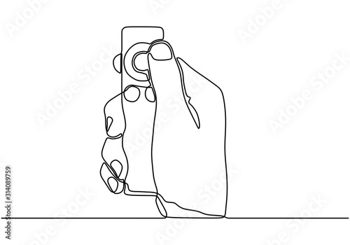 Hand holding remote. Continuous line drawing. One hand drawn minimalist technology theme.