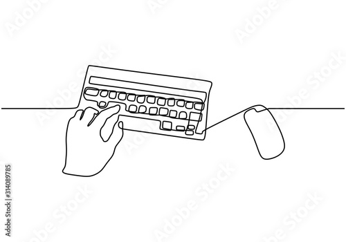 Hand on keyboard and mouse one line drawing