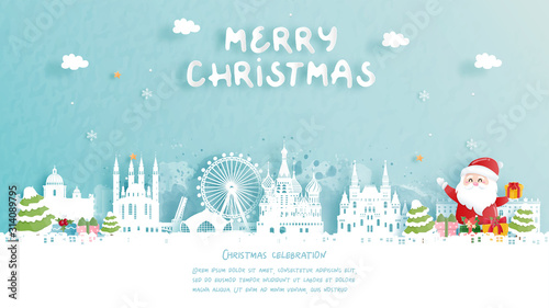 Christmas card with Russia famous landmark and Santa. Christmas celebrations in paper cut style. Vector illustration.