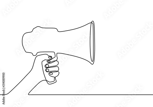 Continuous one line drawing of megaphone hold by hand symbol of announcement and employee hiring