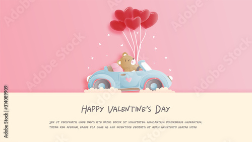 Valentines card with cute teddy bear in paper cut style vector illustration.