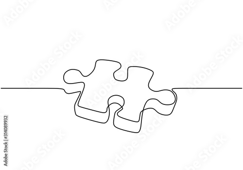 Continuous one line drawing of puzzle jigsaw.