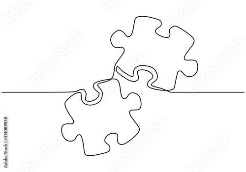 Continuous one line drawing of two pieces of jigsaw isolated on white background