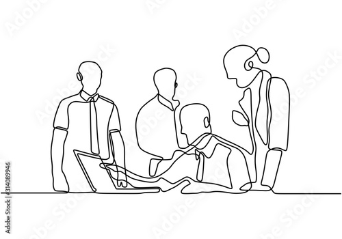 continuous line drawing of office workers at business meeting. Vector minimalism one hand drawn sketch with simplicity lineart.