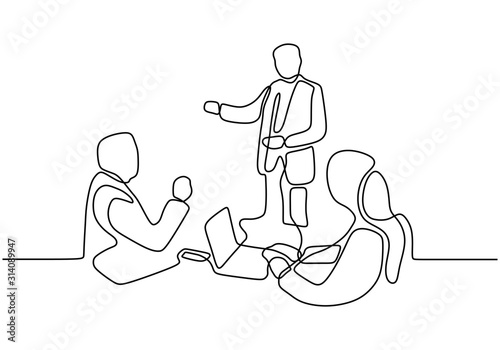 Continuous one line drawing of business meeting and discussion. Three persons talking each other.