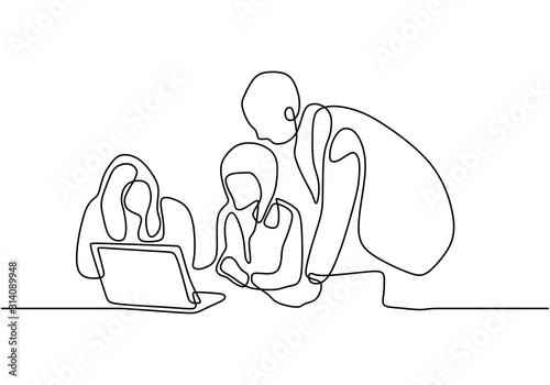 Continuous one line drawing of business meeting and discussion. Three persons talking each other.