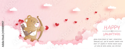 Valentines card with cute teddy bear in paper cut style vector illustration.