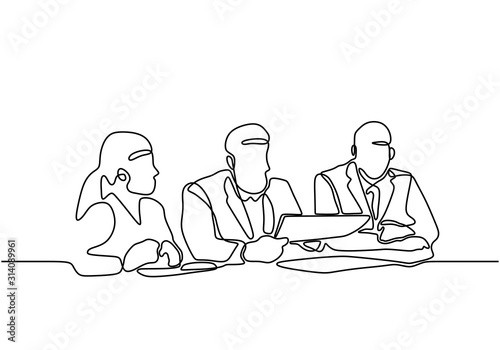continuous line drawing of office workers at business meeting. Group of people collaborate and discuss a strategy.