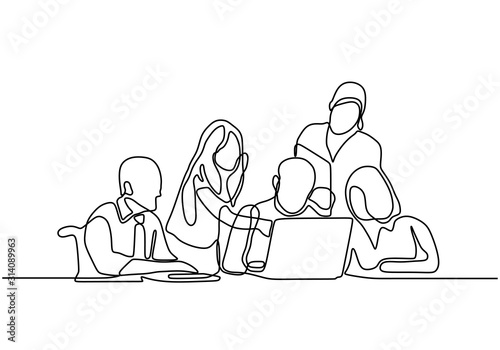 continuous line drawing of office workers at business meeting. Group of people collaborate and discuss a strategy.