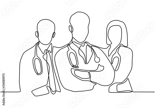 continuous vector line drawing of team of doctors. Minimalism design of medical people group. Vector illustration isolated on white background.