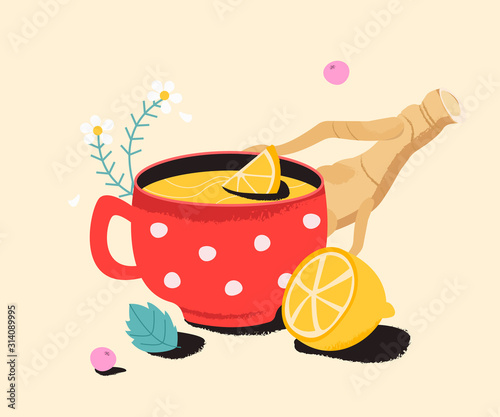 Tea with lemon, ginger and camomile. Cold medicine cure for sore throat, flu.  Remedy natural, homeopathic and medical herbs.